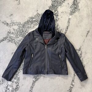 Tommy Hilfiger Jacket Womens‎ Size XXL Navy Removable Hood Faux Leather Biker